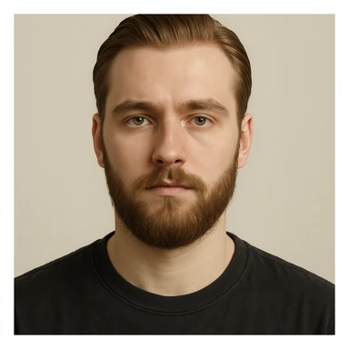 portrait of a young man with short light chestnut hair slicked back, medium-length thick beard, light green eyes, fair skin, oval face, neutral expression, wearing a dark t-shirt, plain light background, shoulder-up front view sticker