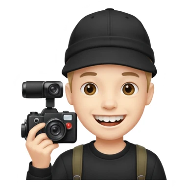 cheerful boy in black cap showing big front teeth holding a camera sticker