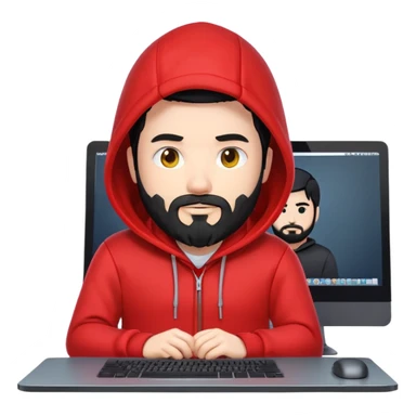 Emoji-style male coder with black hair, beard, white skin, wearing a red hoodie (hood down), coding at a plain desktop monitor. No logos. In clean, modern 3D emoji style like Apple Memoji. sticker