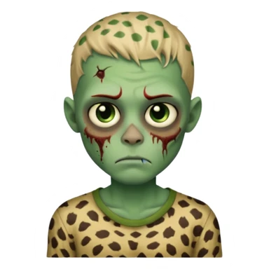 Zombie boy with green skin and sleepy eyes and scars on his face and a shirt that has cheetah texture sticker