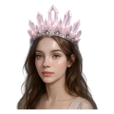 Change the crystal crown to be made of faceted clear and light pink crystals, with silver accents and a magical glow. Keep the background transparent. sticker
