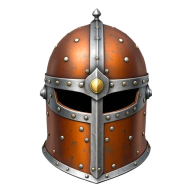 Antique medieval great helm with light rust spots and aged metal finish sticker