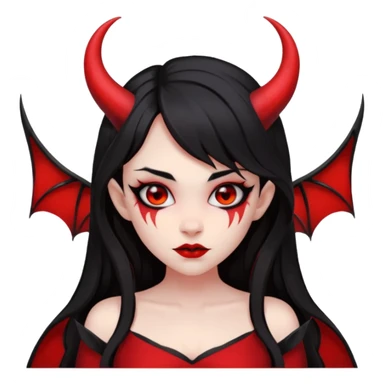 demon girl, skin red , black long hair, small horns, bat wing, black open-back dress, bold black outlines, red+black palette sticker