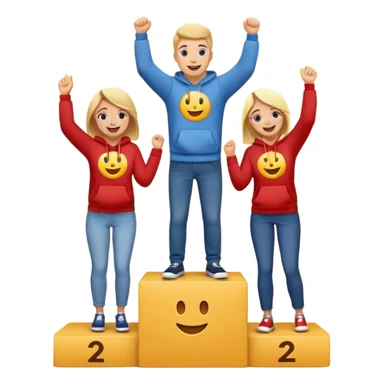 winners’ podium with three people, middle step higher, wearing fun casual clothes like jeans, t-shirts, and hoodies, excited and expressive emoji style sticker