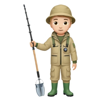 Boy in fishing suit looking at his wristwatch sticker