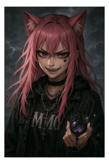 realistic anime catgirl with pink hair, emo streetwear, heart tattoo under left eye, dark magical accessory, sparkles, stormy background, villainous scary expression with smirk and sharp eyes sticker
