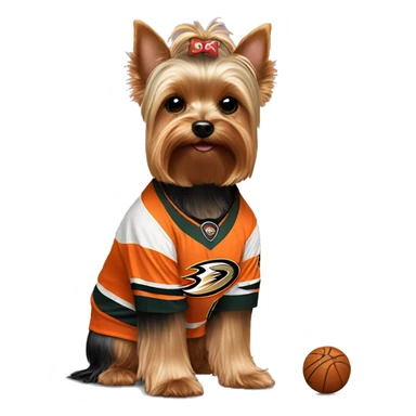 Yorkie wearing an Anaheim ducks jersey sticker