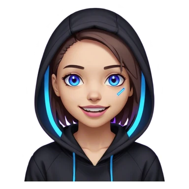 a girl with a brown bob and blue eyes in a black hoodie laughs and holds her head Cyberpunk style. Violet neon. sticker