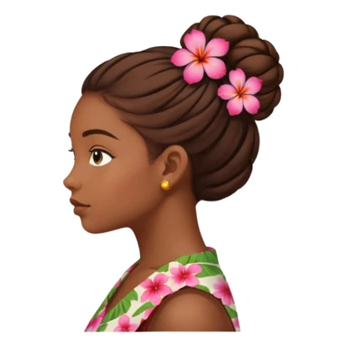 black girl side profile, brown hair in a bun, Hawaiian flower in hair sticker