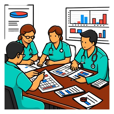 Emergency medical team in a committee meeting with charts and funding documents sticker