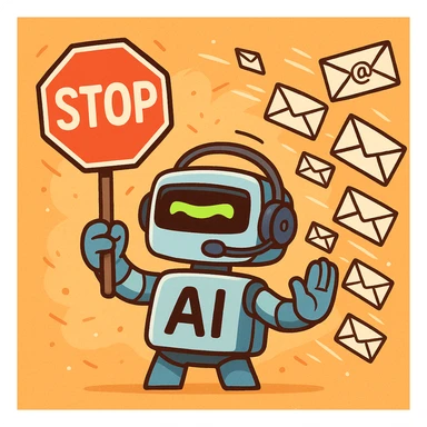 A cartoonish AI email bouncer, with a visor and headset, holding a stop sign in front of a stream of flying emails, playful and techy sticker