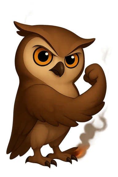 Точно такая же картинка и поза, только хвост совы слегка подгоревший и от него идет дымок, прозрачный фон sticker