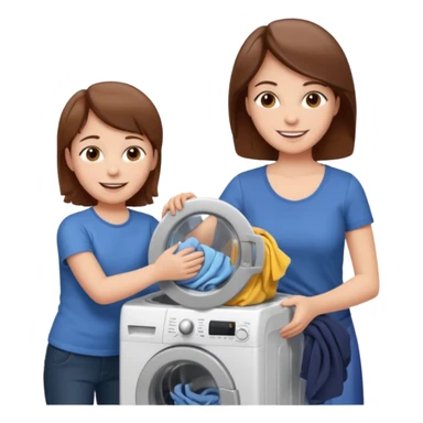 Mother and little son with brown hair putting clothes in the washing machine sticker