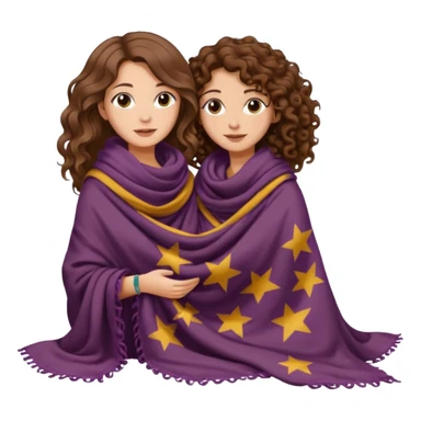 star blanket scene — long wavy brown hair tattooed woman and short tight curly brown hair woman — sharing oversized scarf blanket sticker