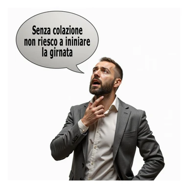 hyperrealistic 4K man isolated on white background, speech bubble saying 'Senza colazione non riesco a iniziare la giornata', worried expression, realistic details, different pose, variant 7 sticker