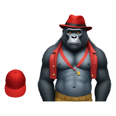 gorilla in paddington bear's  blueclothes and red hat, full body musular  sticker
