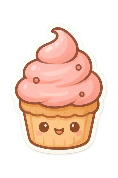 cupcake with pink icing, cute cartoon style sticker