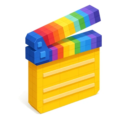 voxel style movie clapperboard with rainbow stripes, isometric view sticker