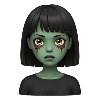 Zombie girl emoji verde escuro com cabelo curto liso preto no ombro e franja na altura da sobrancelha cobrindo completamente a testa, com uma blusa preta, olhos castanhos escuros sticker