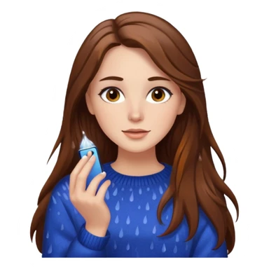 white woman with long brown hair and brown eyes, wearing a sweater, enjoying the rain, with visible makeup sticker