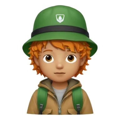 A little boy student curly orange hair, with green bucket hat, brown jacket, backpack sticker