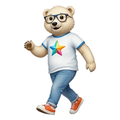 friendly anthropomorphised polar bear walking, excited expression, wearing shirt, jeans, trainers, oversized colorful star glasses sticker