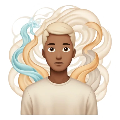 Minimalist male profile surrounded by ethereal energy waves with clothing items and accessories floating around it, style inspiration concept sticker