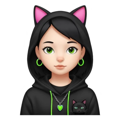 후드티 입은 초딩여자 아이. 검은색 후드티와 검은 머리. 목에는 검은 네온 고양이 sticker