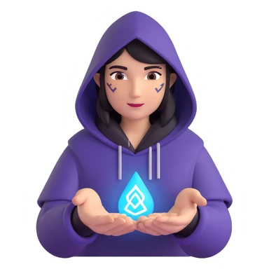 Add glowing magical runes floating around the hooded figure's hands in the microsoft style 3d fluent emoji look, keeping the transparent background. sticker