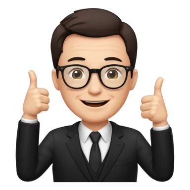 un PROFESOR con terno negro que este parado con sus lentes guiñando el ojo y CON LAS MANOS HACIA ARRIBA DANDO LIKE sticker