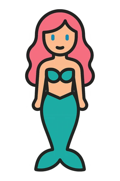 full length mermaid with pink hair, blue eyes, turquoise green tail, minimal detail, lineal color icon style sticker