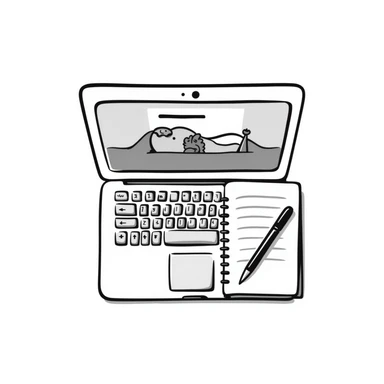 top view of a MacBook and a notebook with a pen nearby, different arrangement sticker