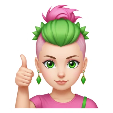girl with pink topknot mohawk haircut and green eyes giving a thumbs up sticker