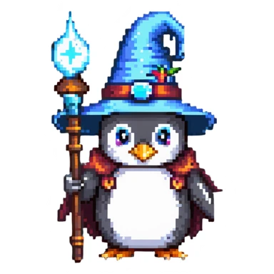 penguin wizard with a pointy hat and magic staff sticker