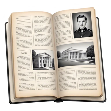 Icon for Non-Fiction & Narrative Reading: an open book with historical facts and narrative text on the pages, featuring black-and-white photos, news clippings, and an open folder with top-secret documents. Transparent background. sticker