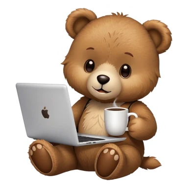 A teddy bear holding a cup of coffee in one hand and using a laptop. sticker