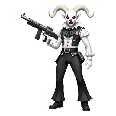 full-body muscular demonic clown in a black and white leisure suit with bellbottom pants, bald, with black ram horns, flashy black and white belt, ruffled white shirt, no neck tie, large fangs, holding a very large futuristic rifle sticker