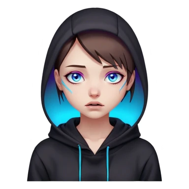 a girl with a brown bob and blue eyes in a black hoodie is crying Cyberpunk style. Violet neon. sticker