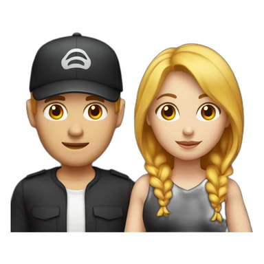 couple blond man with black cap and white shirt, woman with medium red hair shirt with neckline sticker