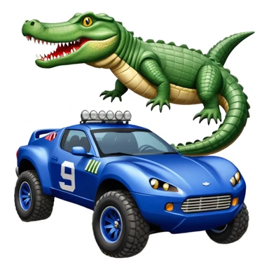 Dirty Joke’s Midnight-blue Local Motors Rally Fighter off road race car being driven by a five foot tall alligator, in the driver’s seat, over a dirt ramp  sticker