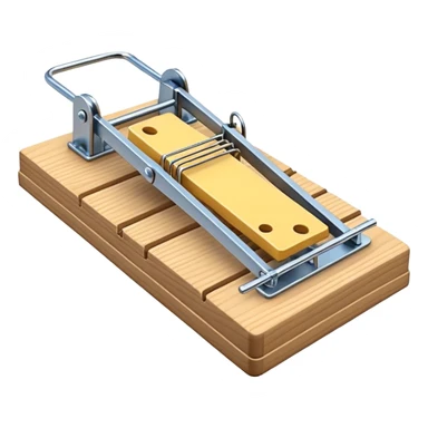 A 3D emoji in iOS emoji aesthetic style of a classic mousetrap without cheese, showing a wooden base and metal spring mechanism, clean minimal design, bright lighting, glossy Apple-style look, white background. sticker