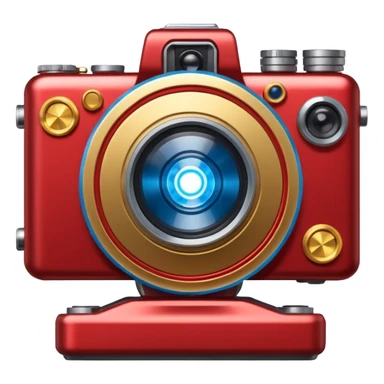 🎬🤖 Create a video project icon inspired by Iron Man: a sleek film camera with metallic red and gold accents, glowing with blue arc reactor energy. sticker