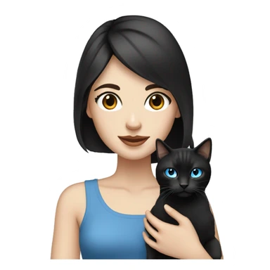 Pale woman with black hair and blue eyes holding a tabby cat sticker