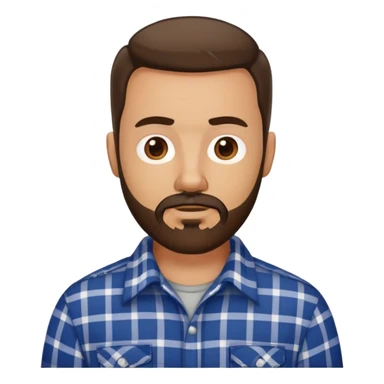 white man with dark brown beard and goatee  standing, wearing a plaid shirt sticker
