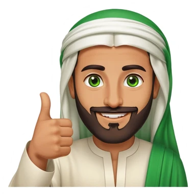 Tanned Arab Saudi man with green eyes and a beard, wearing traditional attire, smiling and giving a big thumbs-up sticker