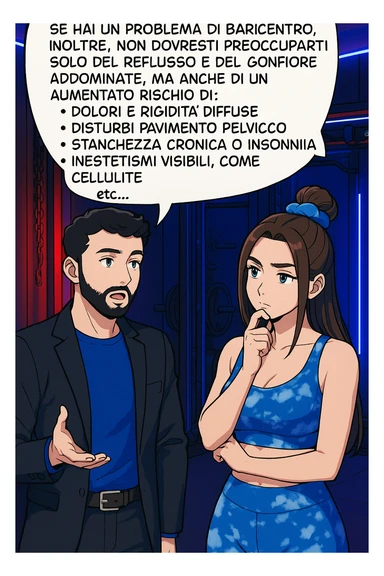 TRASFORMA QUESTO CAROSELLO IN UN FUMETTO STILE WEBTOON/MANGA A COLORI CON QUESTE DUE PERSONE IDENTICHE CHE INTERLOQUISCONO TRA LORO, L'uomo sta spiegando alla donna questo concetto MENTRE LA DONNA SI TIENE L'INDICE SUL MENTO ASCOLTANDOLO PENSIEROSA:

Se hai un problema di baricentro, inoltre, non dovresti preoccuparti solo del reflusso e del gonfiore addominale, ma anche di un aumentato rischio di:
    • dolori e rigidità diffuse
    • disturbi pavimento pelvico
    • stanchezza cronica o insonnia
    • inestetismi visibili, come celluluite
    • etc… sticker
