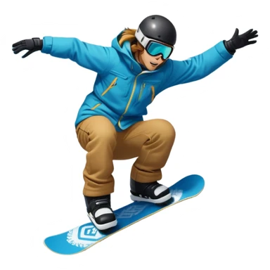 An icon featuring a snowboarder mid-jump, performing a stylish trick above a snowy mountain slope. The background showcases powdery snow, evergreen trees, and a bright blue sky. Transparent background captures the energy, skill, and thrill of snowboarding. sticker