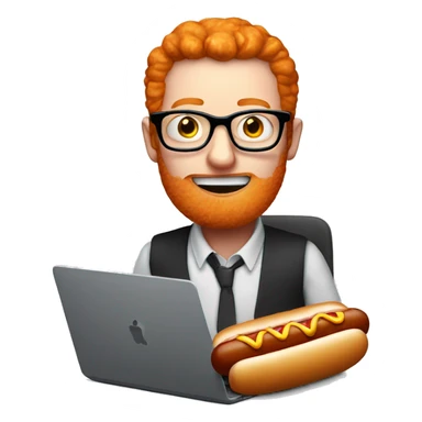 ginger person with a hot dog in mouth sat at computer with glasses sticker
