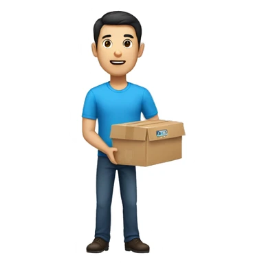 china man in blue shirt, dark hair, and holding a shipping box sticker