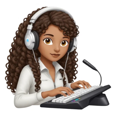 Brown skin Spanish girl with long dark curly hair, wearing a white gaming headset and playing on keyboard with a gaming mouse in one hand sticker